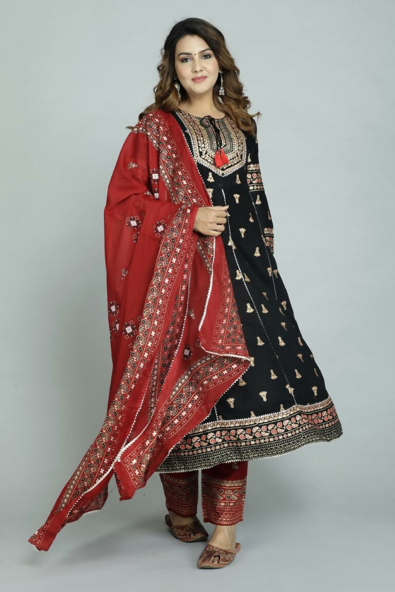 Alvano Alvano Women's Stylish Rayon Anarkali Kurta with Pant and Dupatta Set