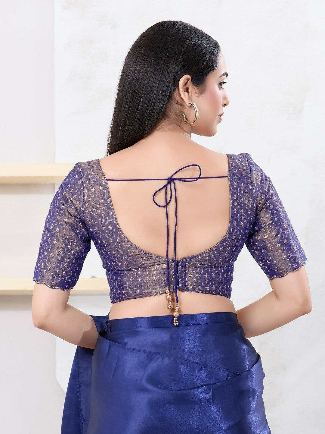 Joban Fashion Royal-Blue Tissue Elbow Sleeveless Back Open Blouse