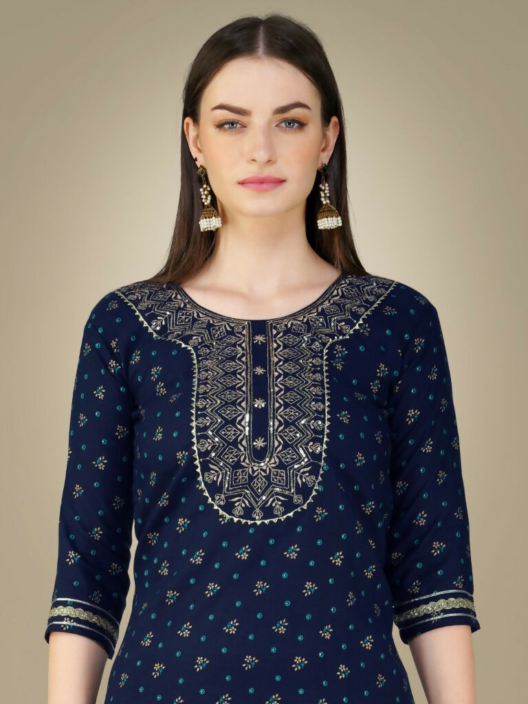 Jyoti Fashion Women's Navy Blue Cotton Magic Slub Embroidery & Sequence work Kurta with Trouser & Dupatta