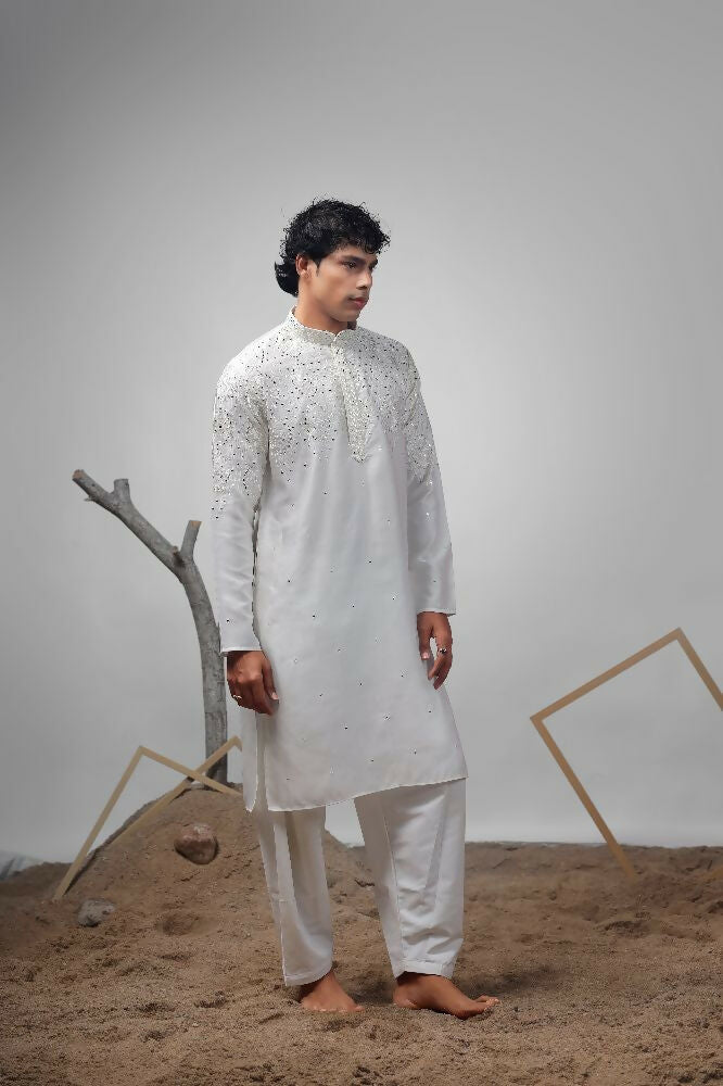 White Greek Satin Heavy Embroidery Work Kurta Set - Mahotsav