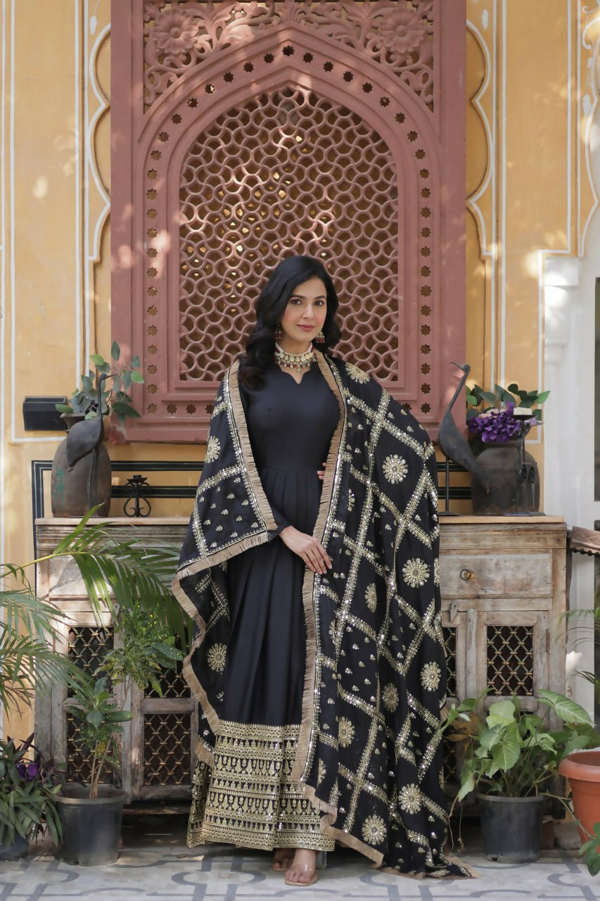 Vastranavya Star Georgette with Embroidery Zari Sequins-work Gown & Dupatta - Black