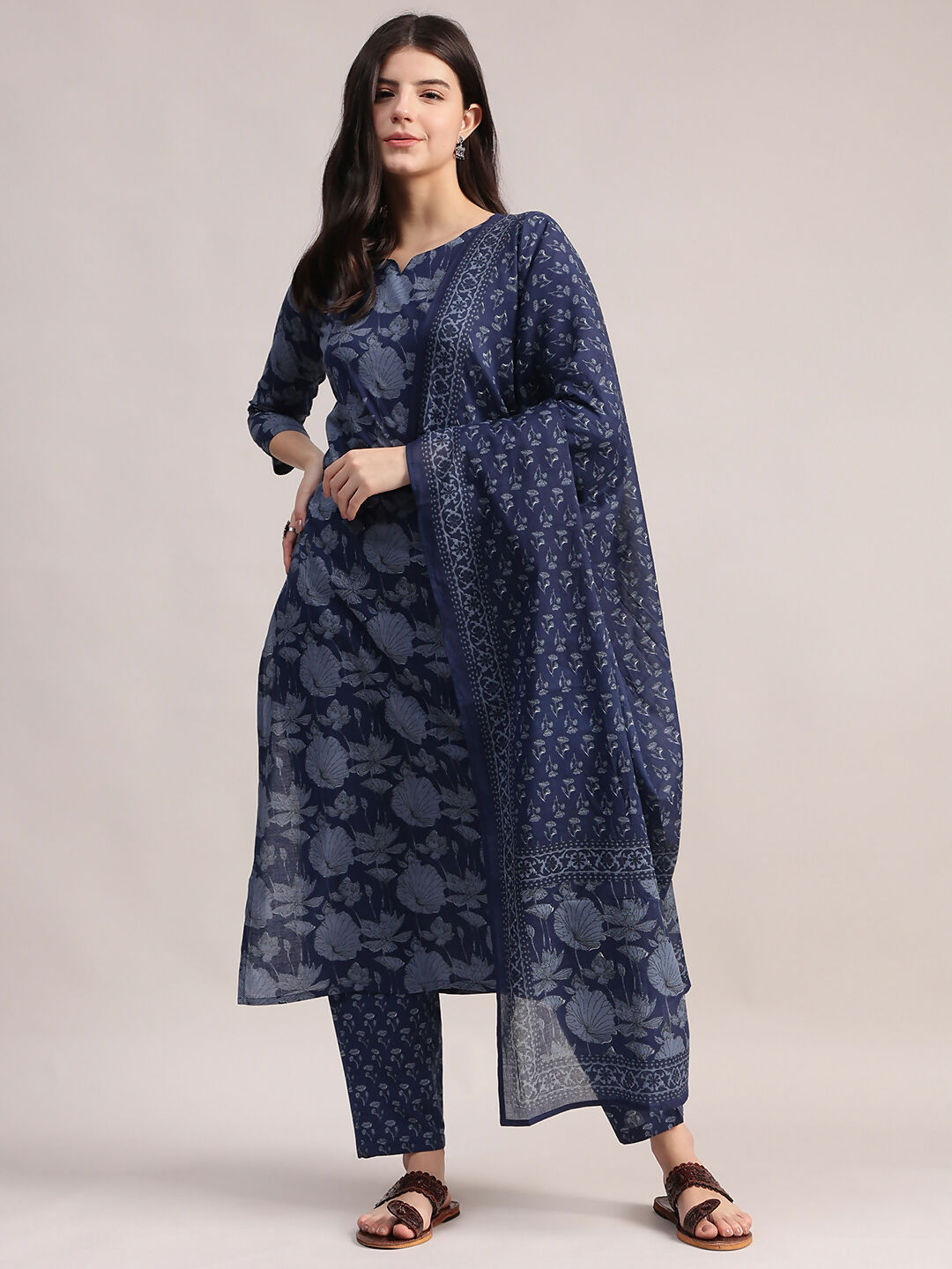 Aavyora Women's Floral Printed Indigo Blue Cotton Straight Kurta With Trouser & Dupatta