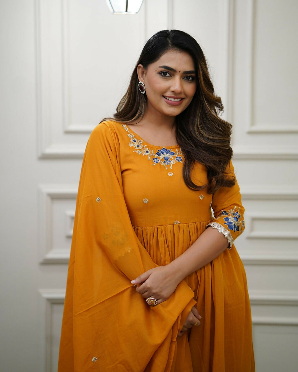 The52 Orange Women's Gorgeous Viscose Fabric Embroidered Work Flared Kurta Pant and Dupatta Set