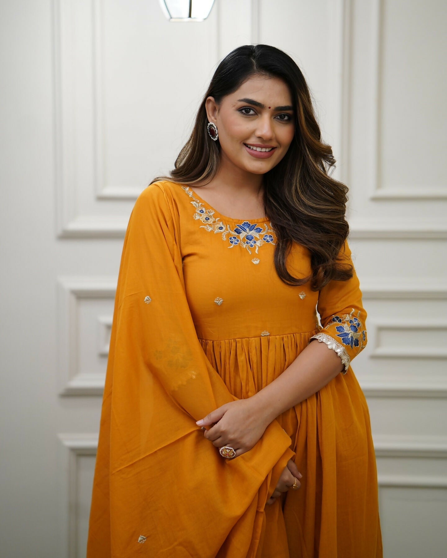 The52 Orange Women's Gorgeous Viscose Fabric Embroidered Work Flared Kurta Pant and Dupatta Set
