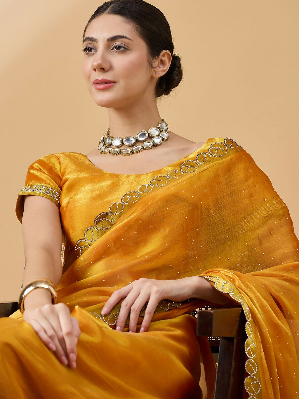 Mustard Organza Swaroski Diamond Work Saree with Unstitched Blouse - Radha