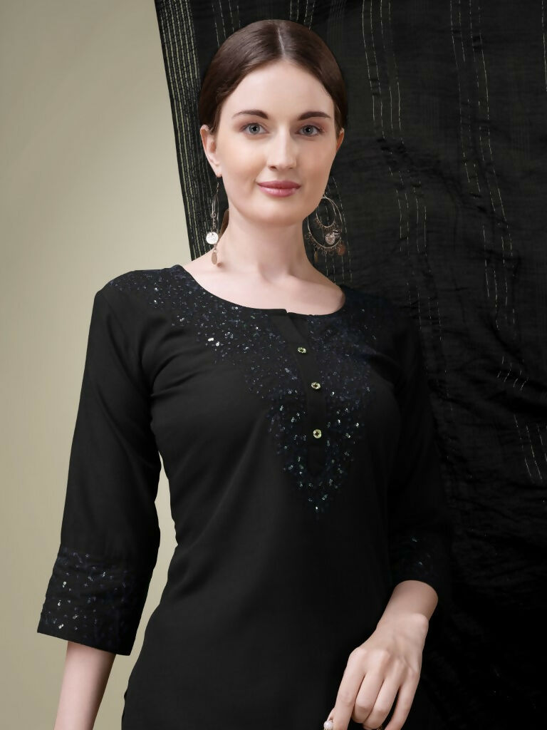 Jyoti Fashion Women's Black Cotton Blend Embroidery & Sequence work Kurta with Trouser & Dupatta