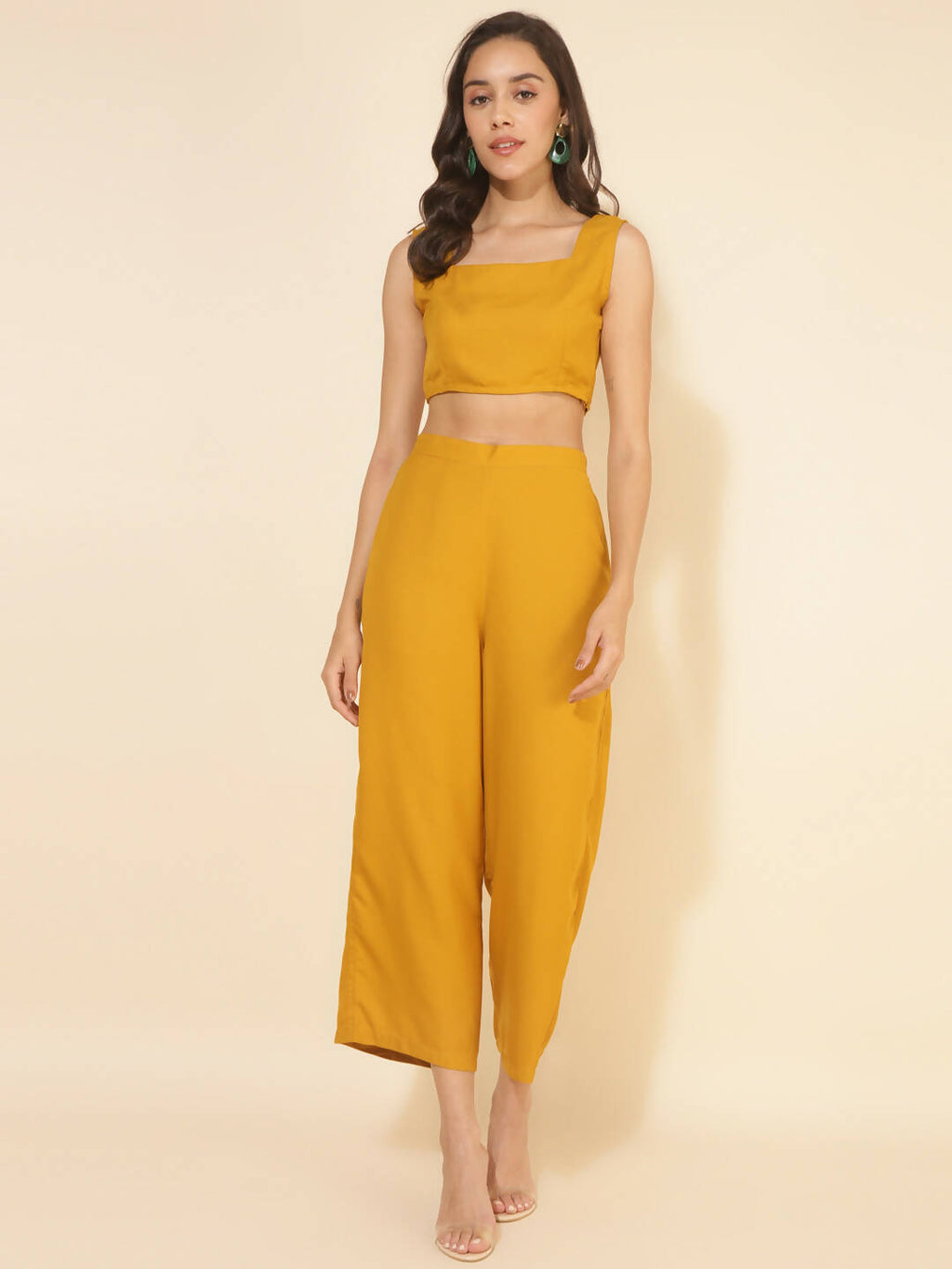 Janasya Women's Mustard Moss Solid Festive Crop Top Set