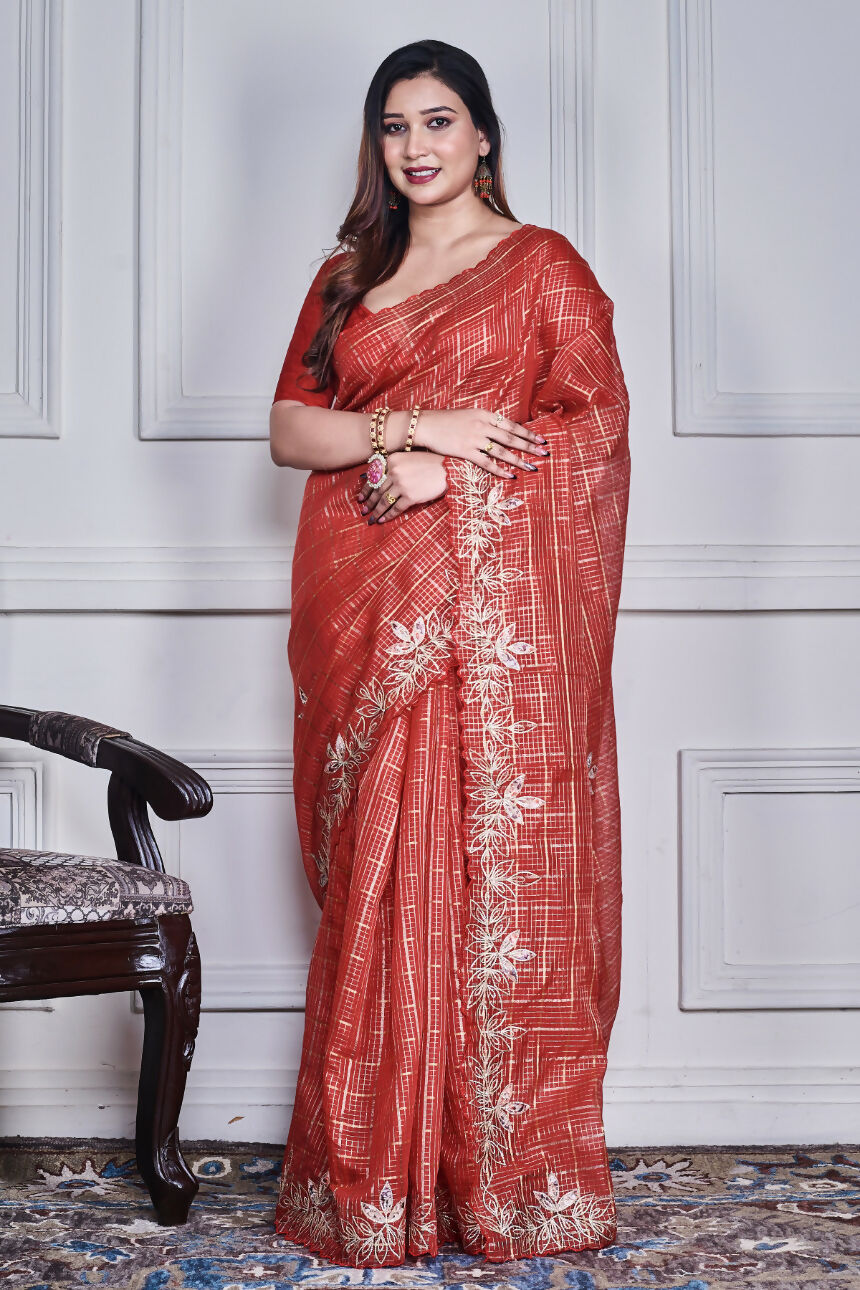 Morchari Red Kota Check Zari Embroidery Saree Unstitched Blouse