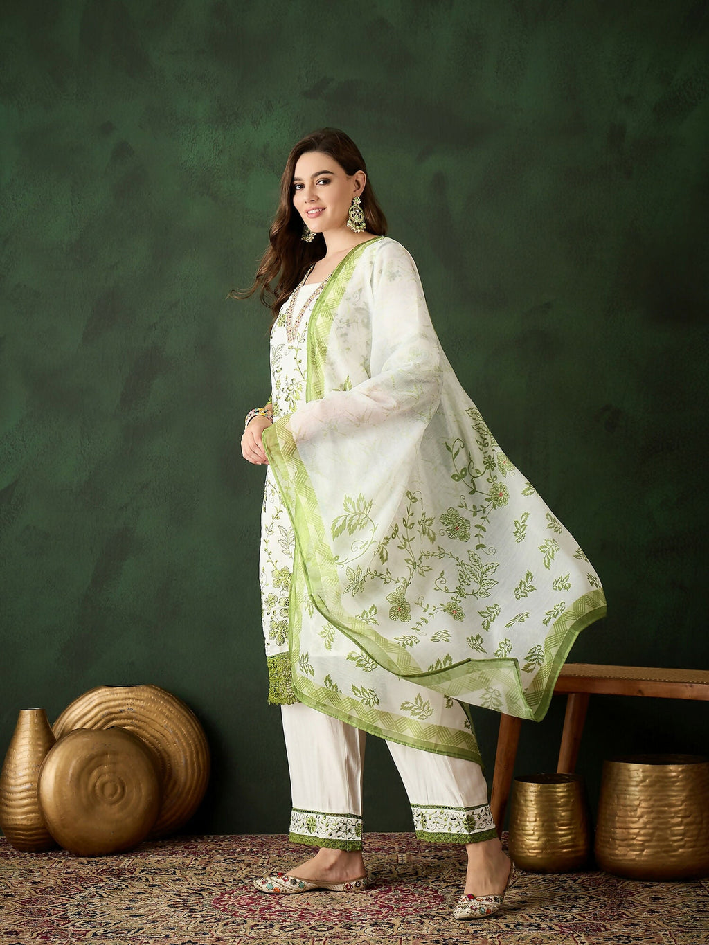 Green & White Roman Silk Embroidered Kurta With Trouser & Dupatta - Bhumi