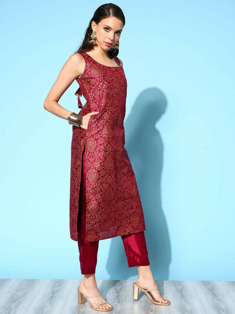 Ahalyaa Women's Wine Poly Silk Gold Paste Printed Kurta Pant Set