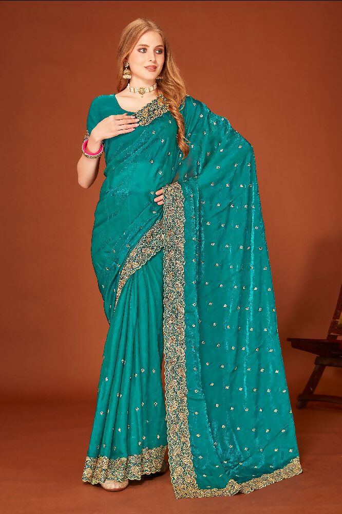 PR Fashion Morpeach Fendi Two Tone Silk Heavy Zari Embroidery Work With Heavy Siroski Work Saree