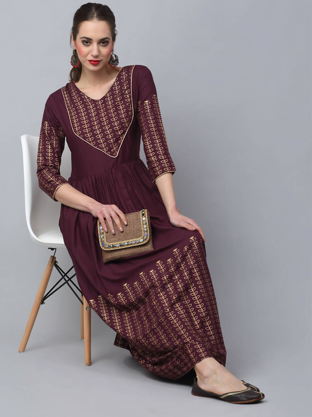 Rudra Bazaar Gold Printed A-Line Flared Brown Kurti