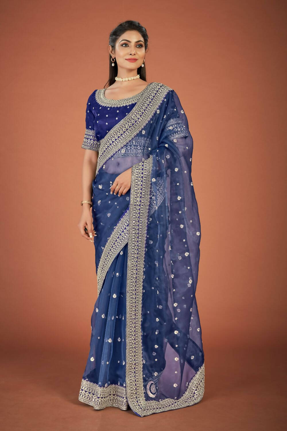 Vamsee Navy Blue Organza Saree