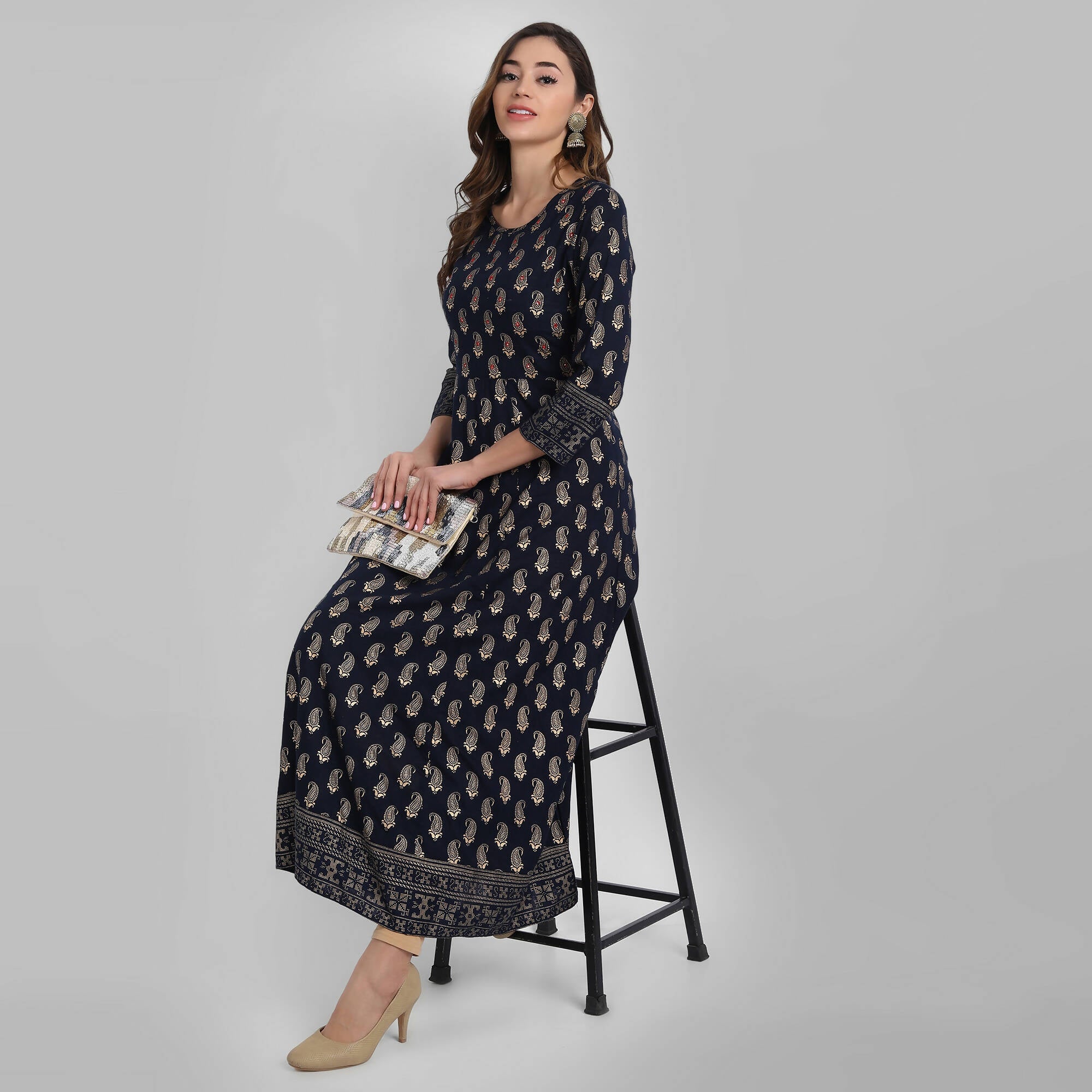 Juniper Women's Navy Rayon Printed Flared Dress