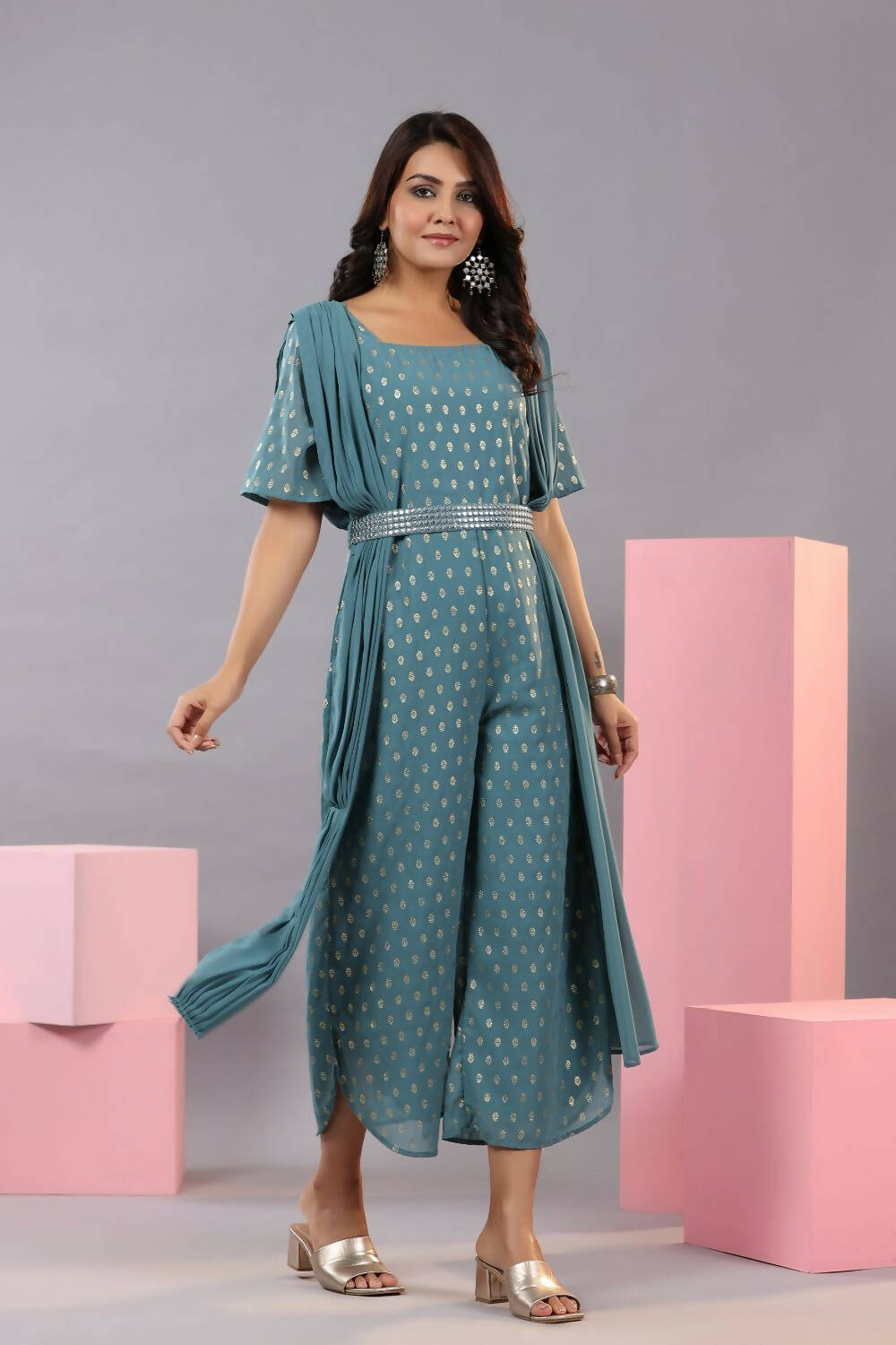 Juniper Women Teal Georgette Foil Printed Draped Jumpsuit