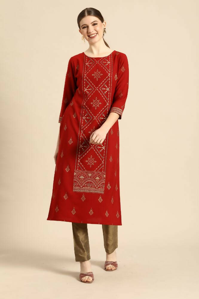 Janasya Women's Rust Crepe Ethnic Motifs Casual Straight Kurta