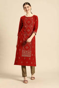 Janasya Women's Rust Crepe Ethnic Motifs Casual Straight Kurta