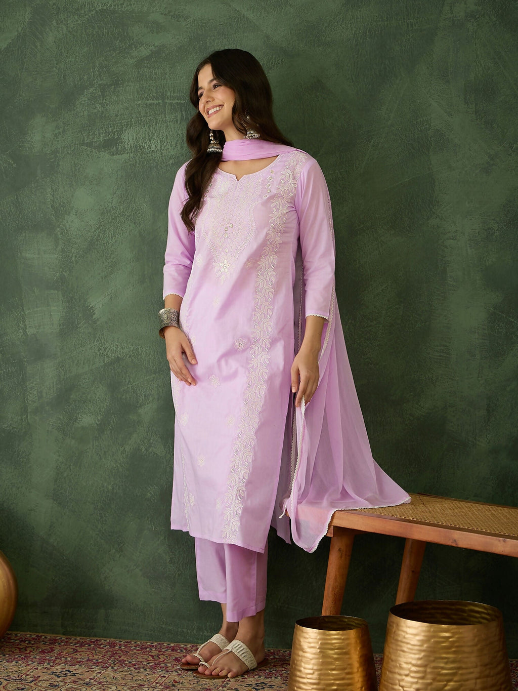 The52 Purple Women's Gorgeous Cotton Blend Fabric Thread Work Straight Kurta, Pant and Dupatta Set