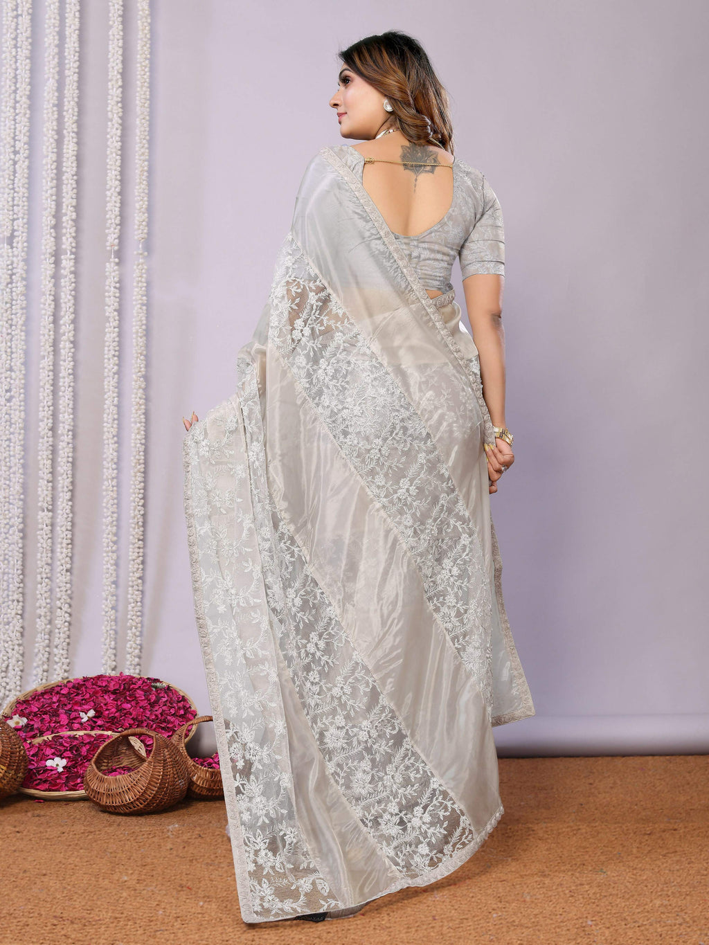 Grey Glass Tissue,Net Embroidered Saree With Stitched Blouse - Nimaya Kaksha