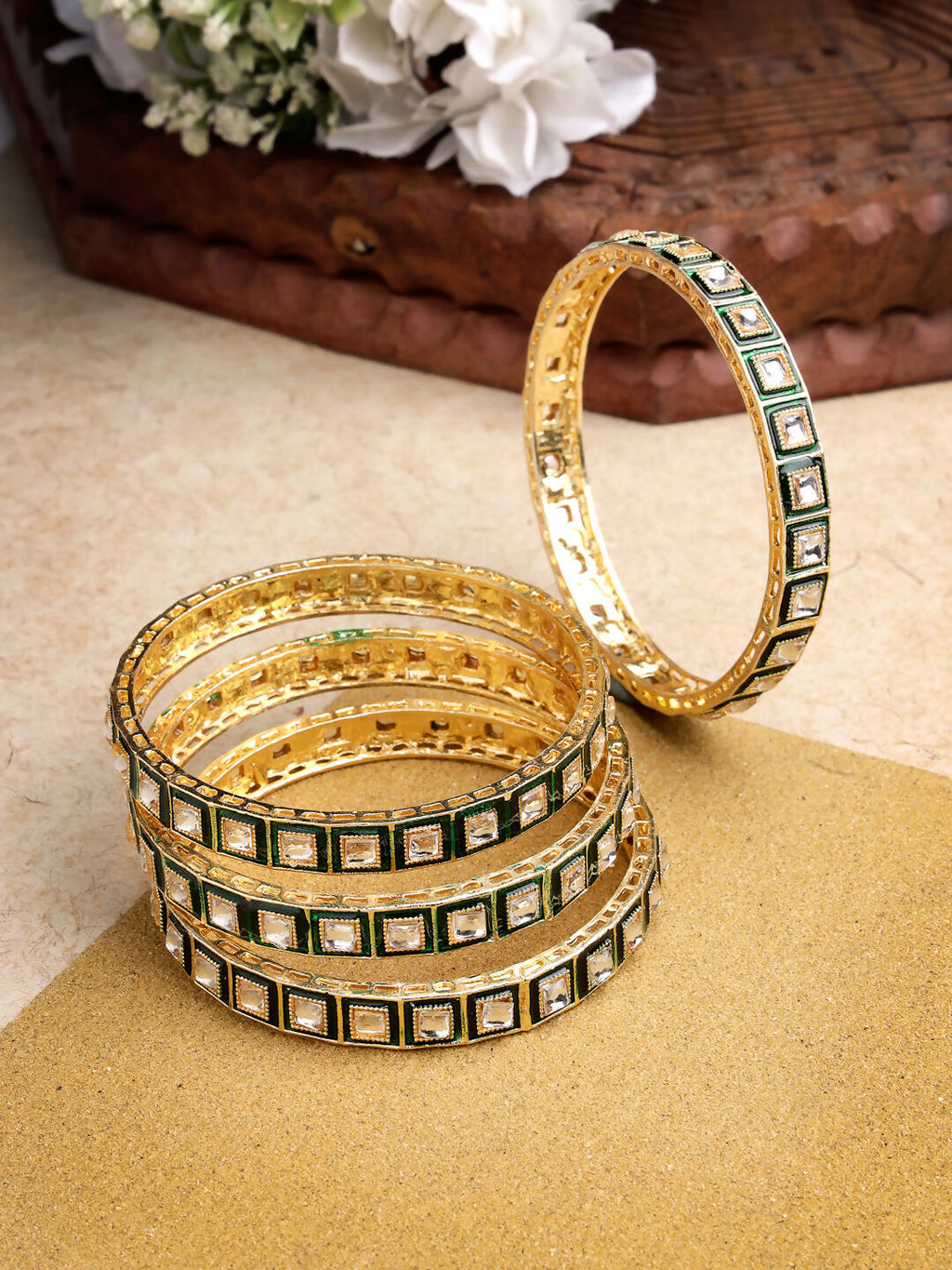 NVR Women's Set Of 4 Gold-Polished Green Kundan-Studded Traditional Bangles
