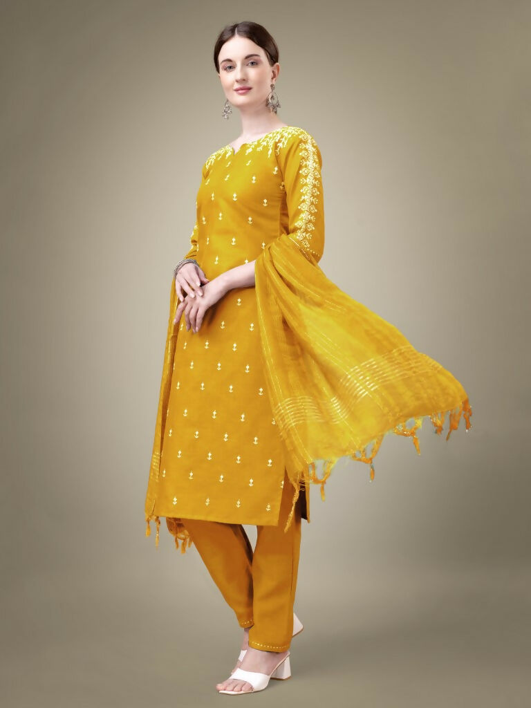Jyoti Fashion Women's Yellow Cotton Blend Embroidery & Sequence work Kurta with Trouser & Dupatta