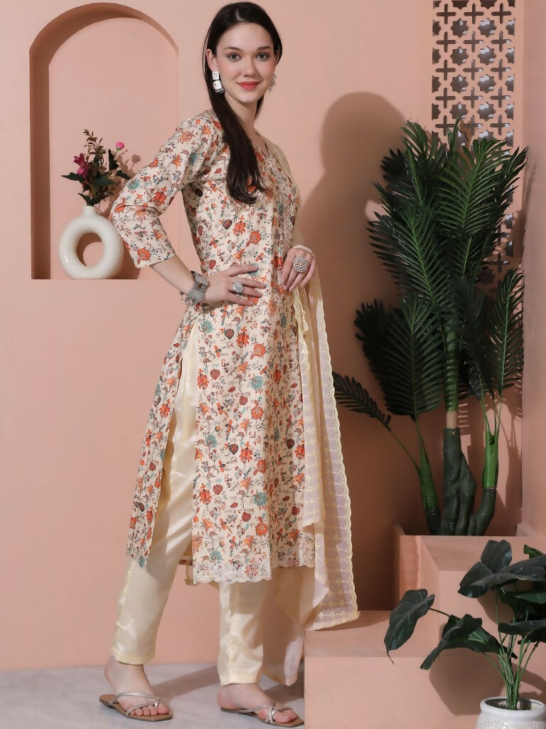 Jyoti Fashion Women's Beige Cotton Floral Digital Printed Kurta with Trouser & Dupatta