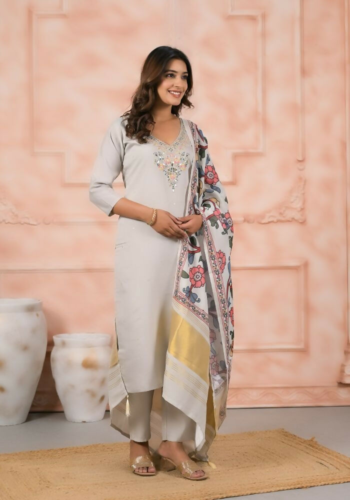 Ethnic Festive Wear Viscose Off White Stitched Suit With Dupatta - Anbazaar