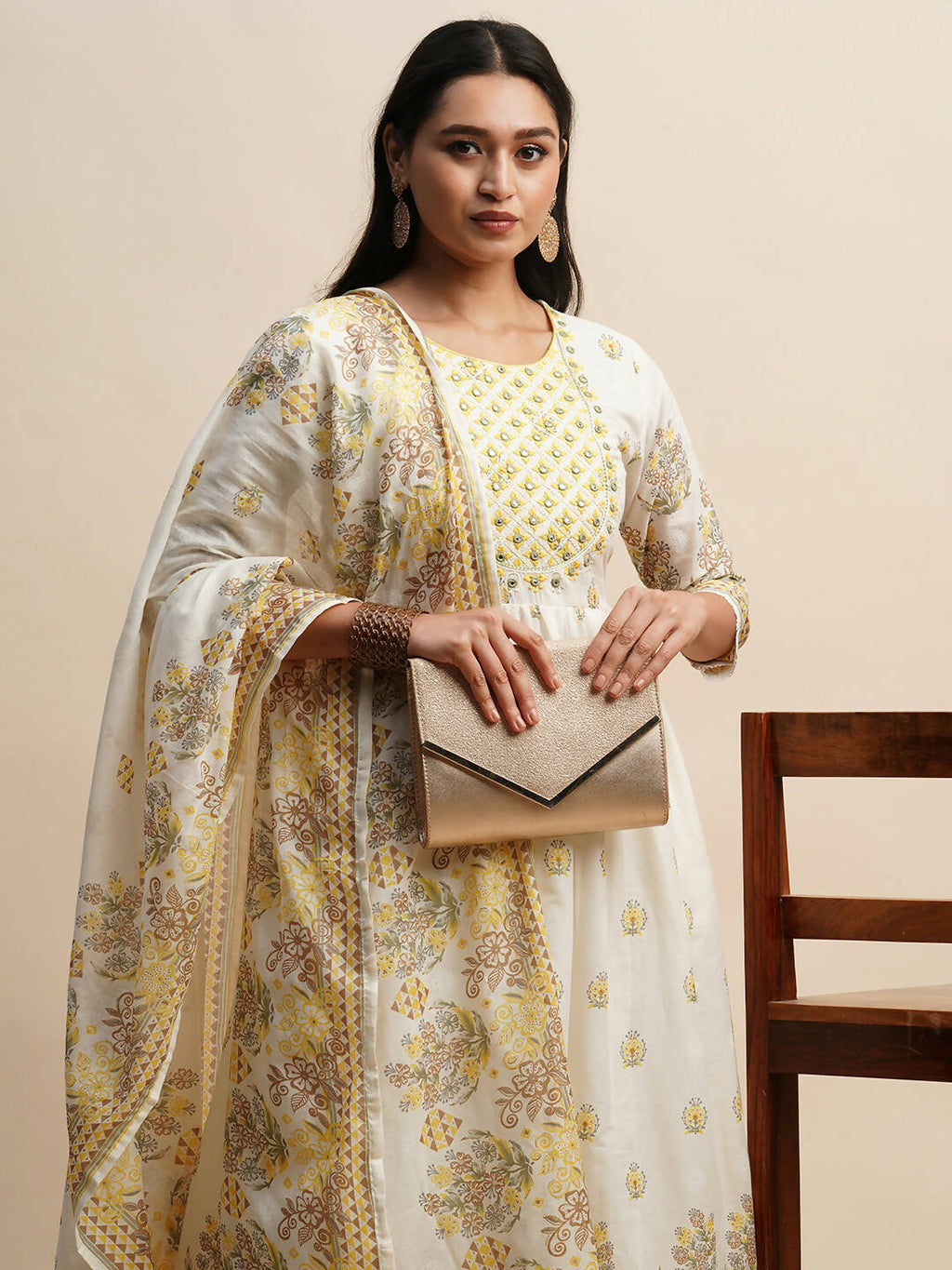 White And Yellow Pure Cotton Floral Printed Anarkali Kurta And Bottom With Dupatta - Akashara