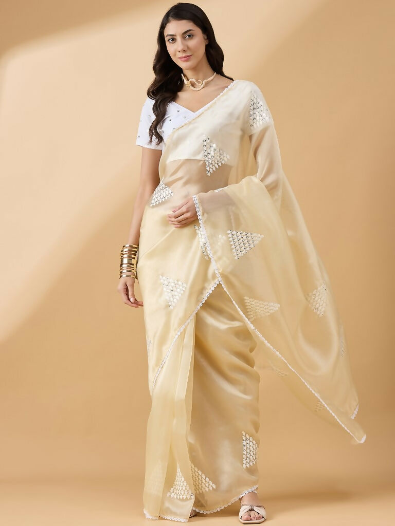 Yellow Tissue Slub Embroidered Saree with Unstitched Blouse - Vairagi