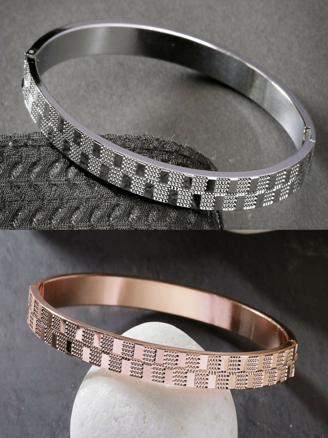 NVR Men's Set of 2 Rhodium-Plated Stainless Steel Kada Bracelet