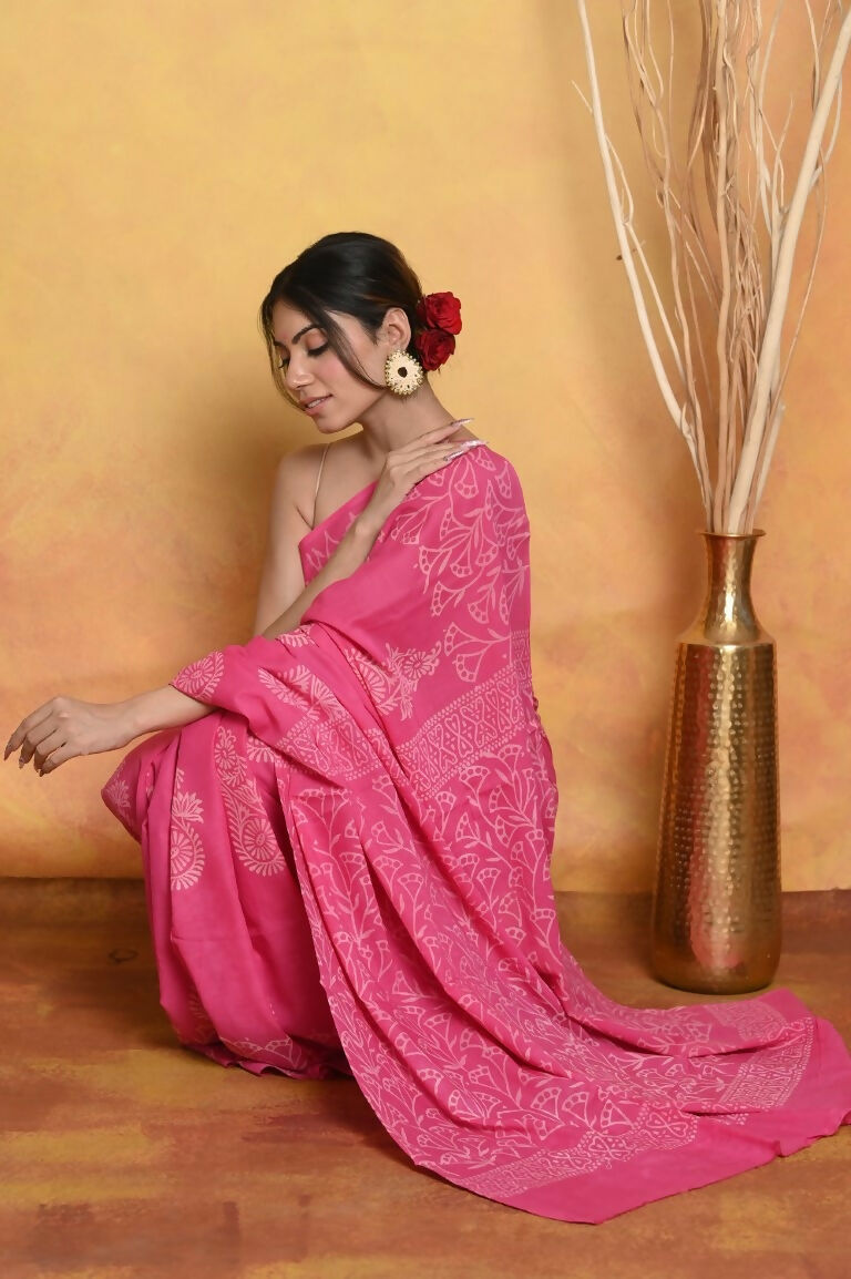 Very Much Indian Handblock Printed Cotton Saree With Natural Dyes - Pink