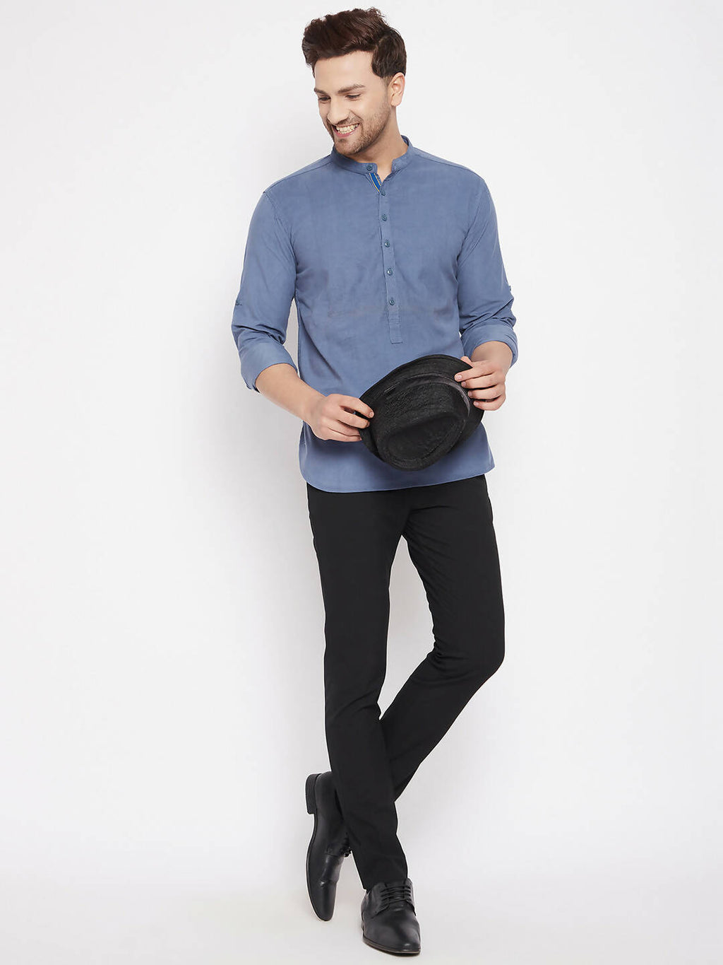 Even Apparels Blue Color Pure Cotton Short Men's Kurta With Band Collar