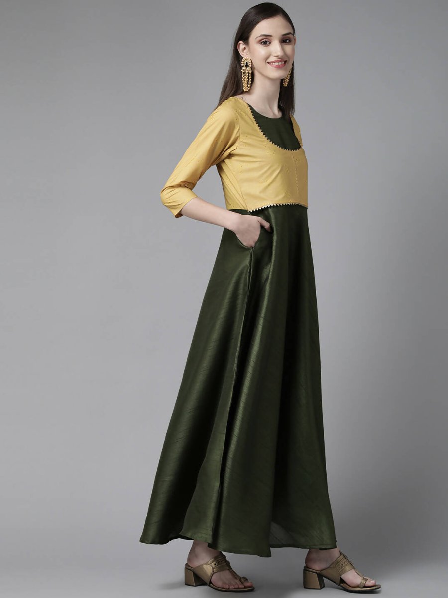 Ahalyaa Womens Olive Art Silk Solid Dress with Jacket