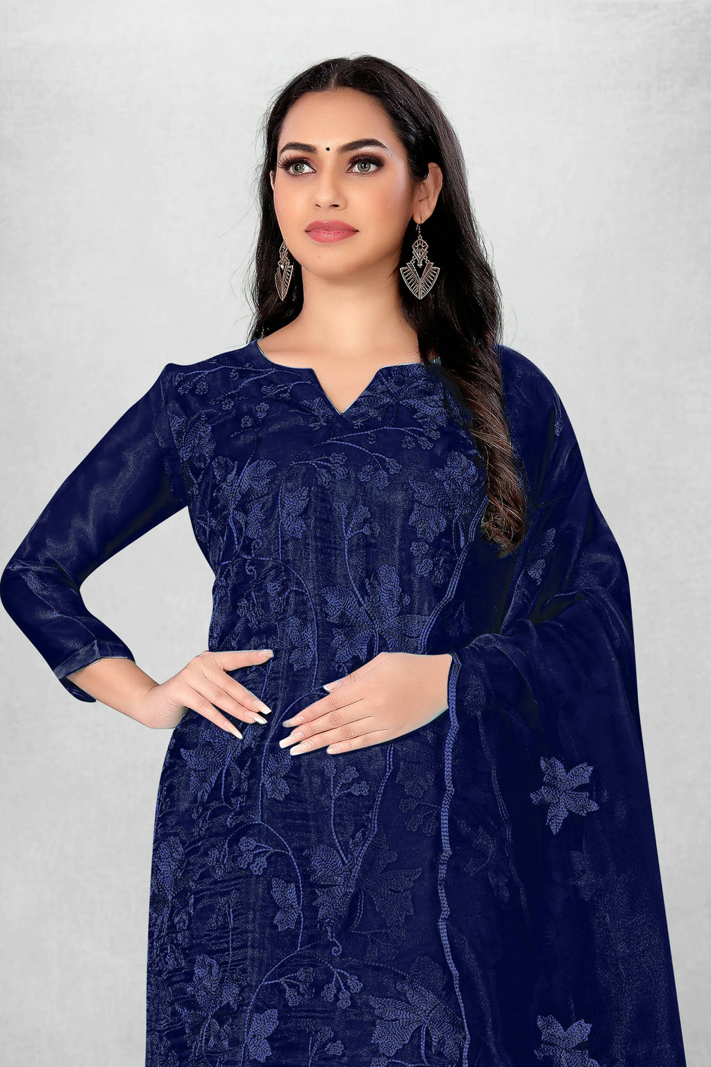 Navy Blue Heavy Organza Silk Embroidered Unstitched Dress Material - Amara