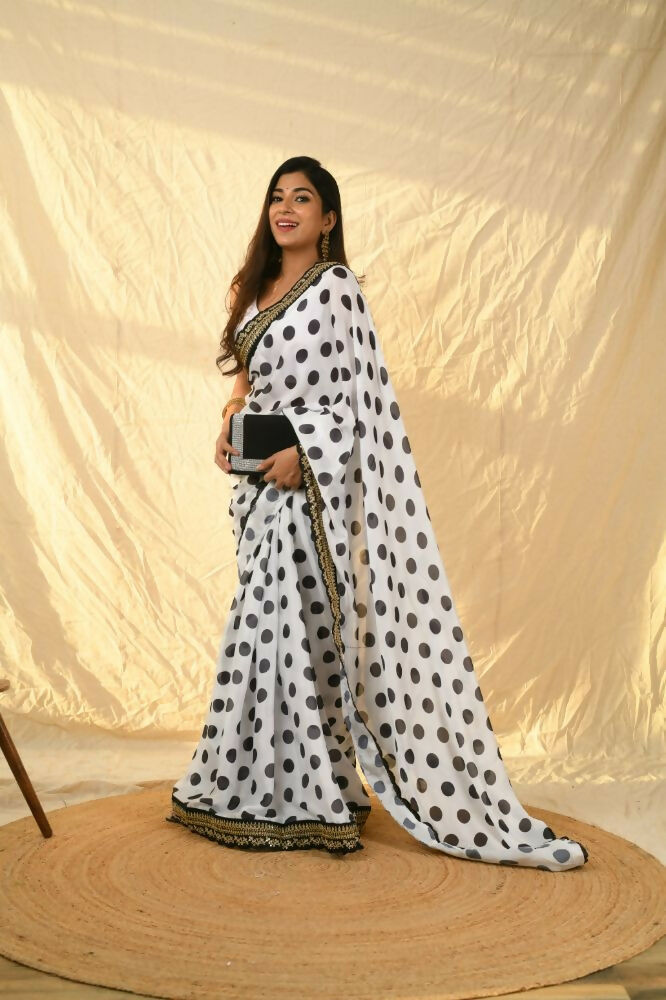 Vamsee Polka Dot Black & White Nylon Saree