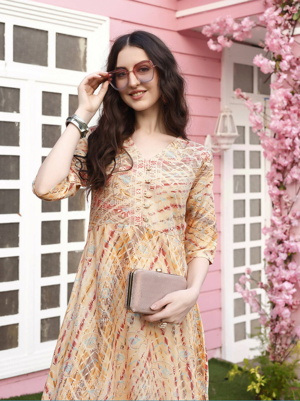 Peach Rayon Foil Printed Long Dress - Michan