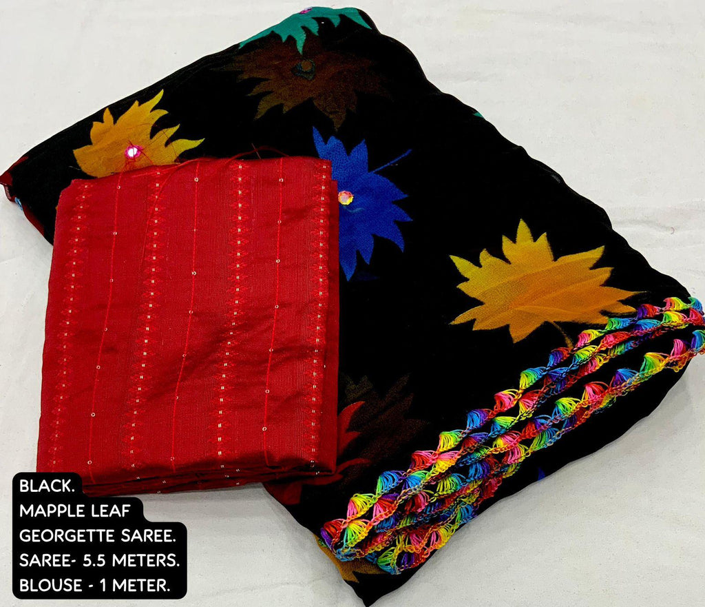 Black Poly Georgette Ethnic Motifs Saree with Unstitched Blouse - Hiral Fashion