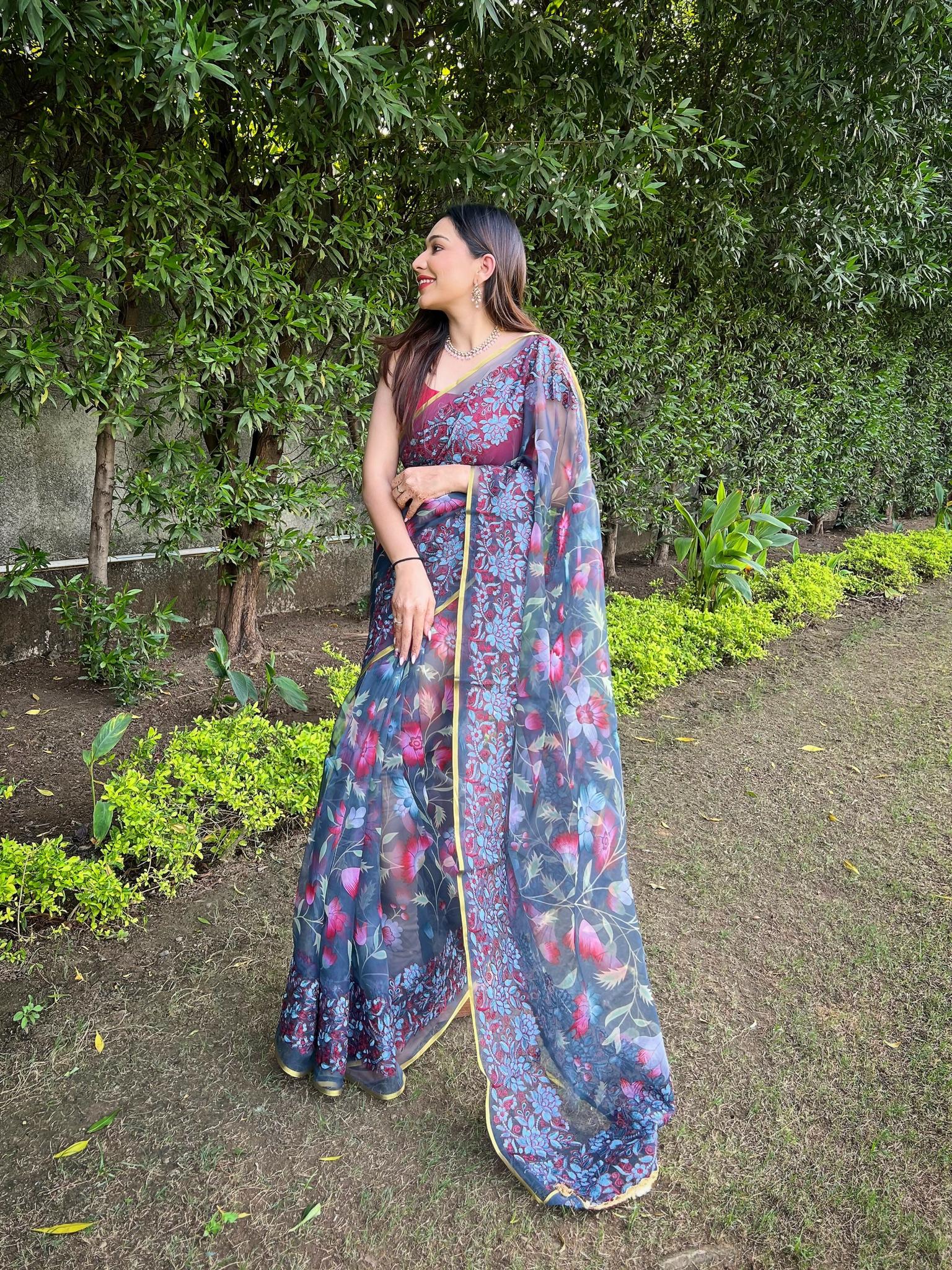 Vamsee Bavari Grey Organza Saree