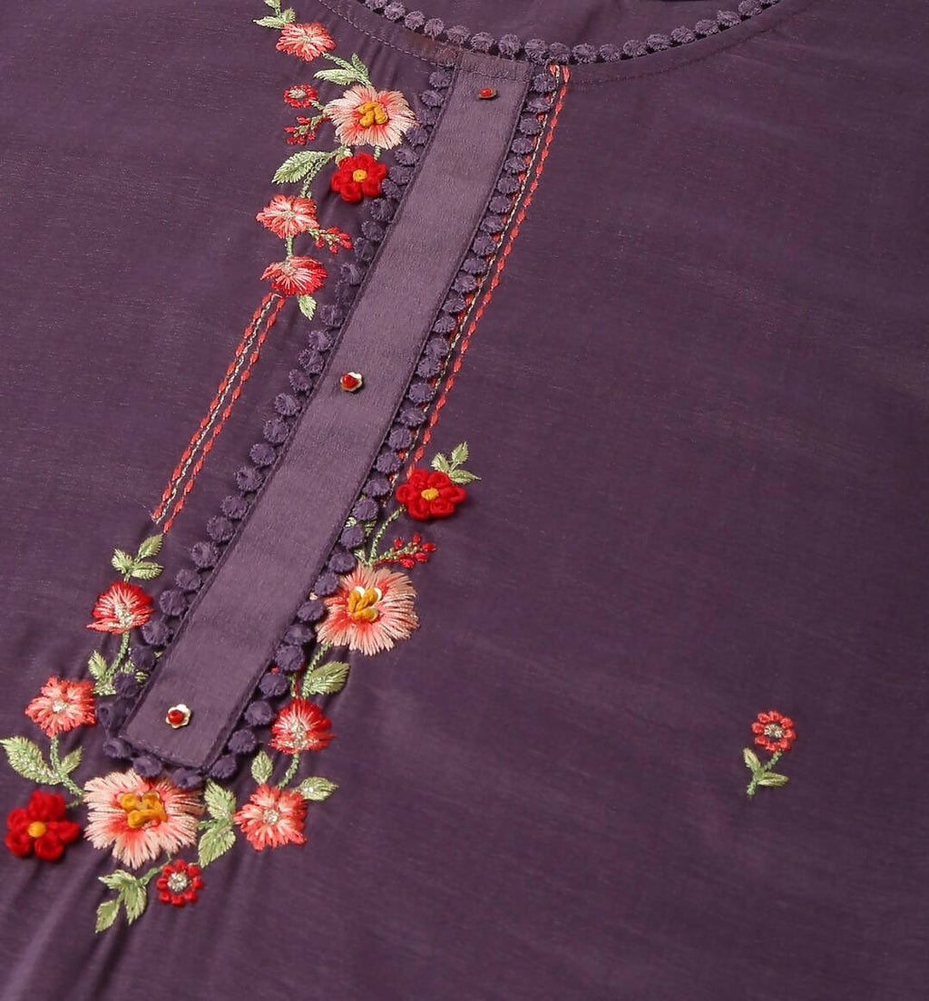 Purple Chinon Embroidered Straight Kurta with Trouser & Dupatta - Salimar
