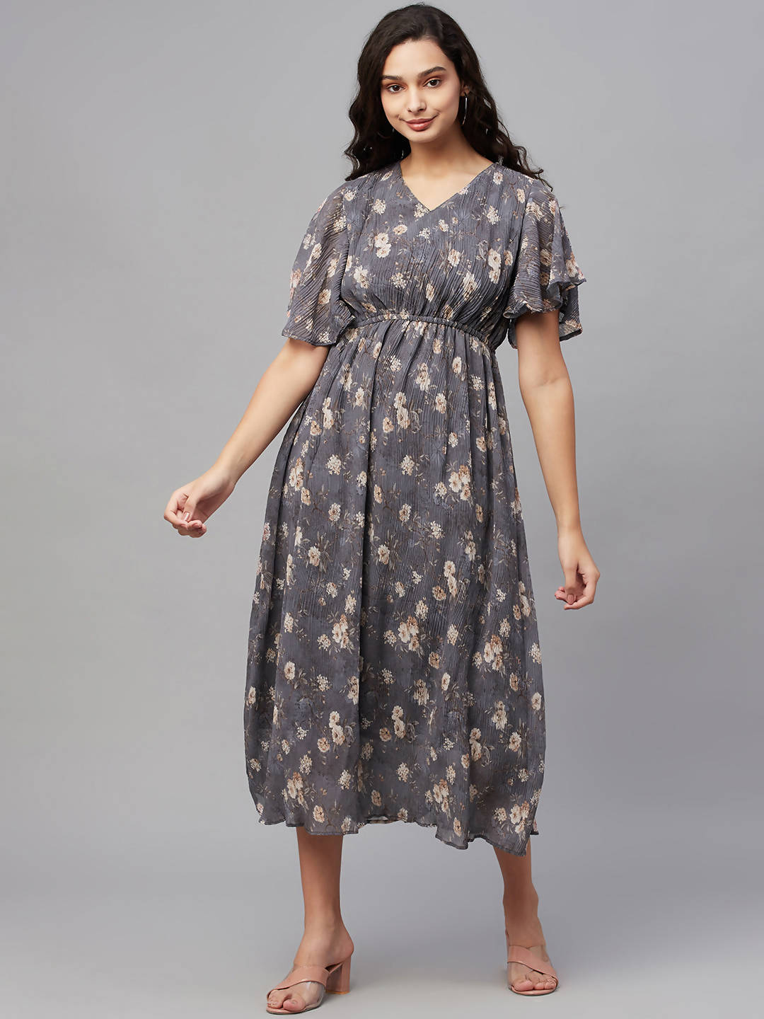 Myshka Women Grey Printed Half Sleeve V Neck Dress