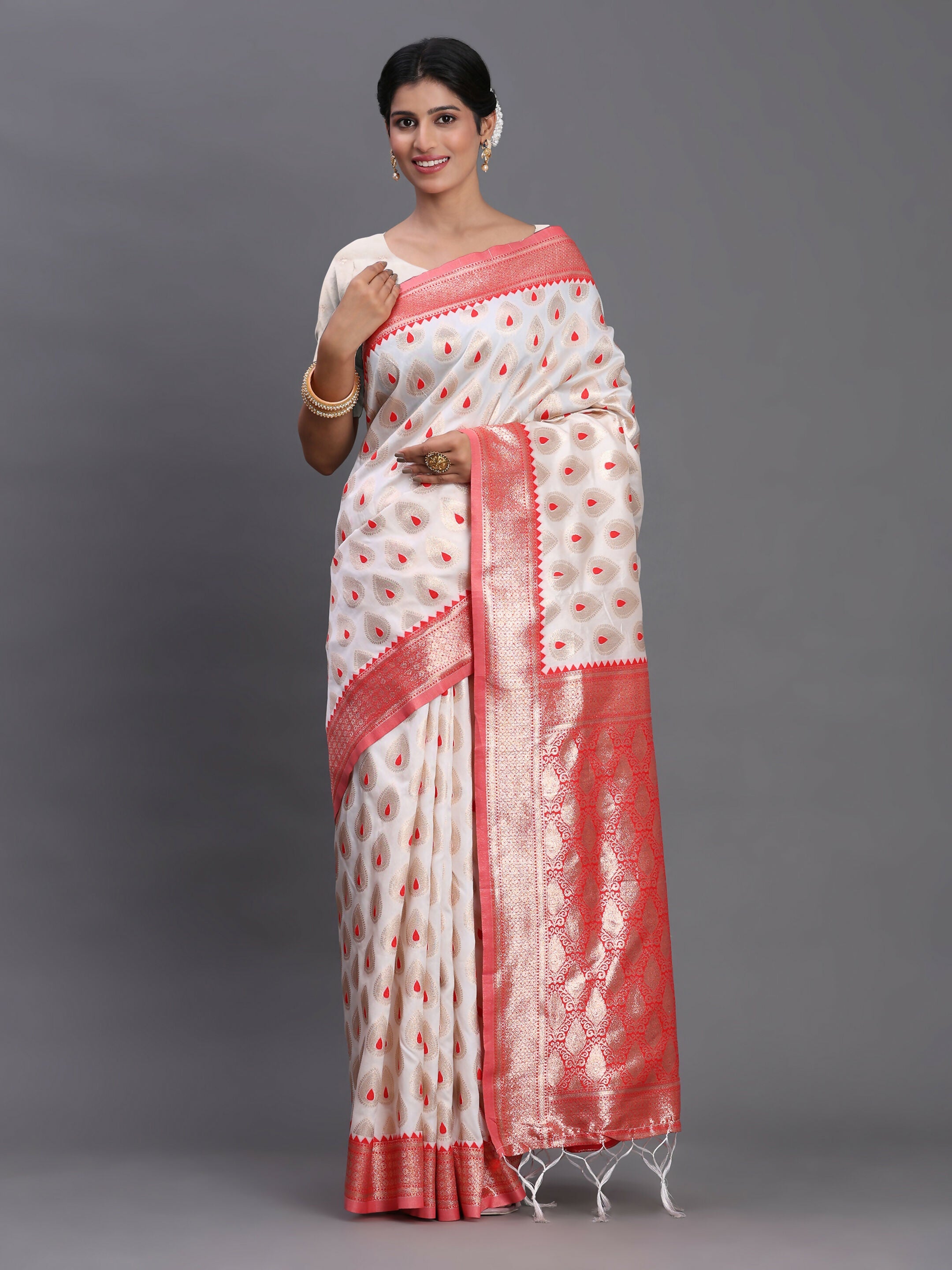 Shree Shyam Fashion Banarasi Silk Red & White Saree