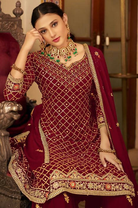 Maroon Heavy Chinon Semi Stitched Kurta with Bottom & Dupatta - Dhvani