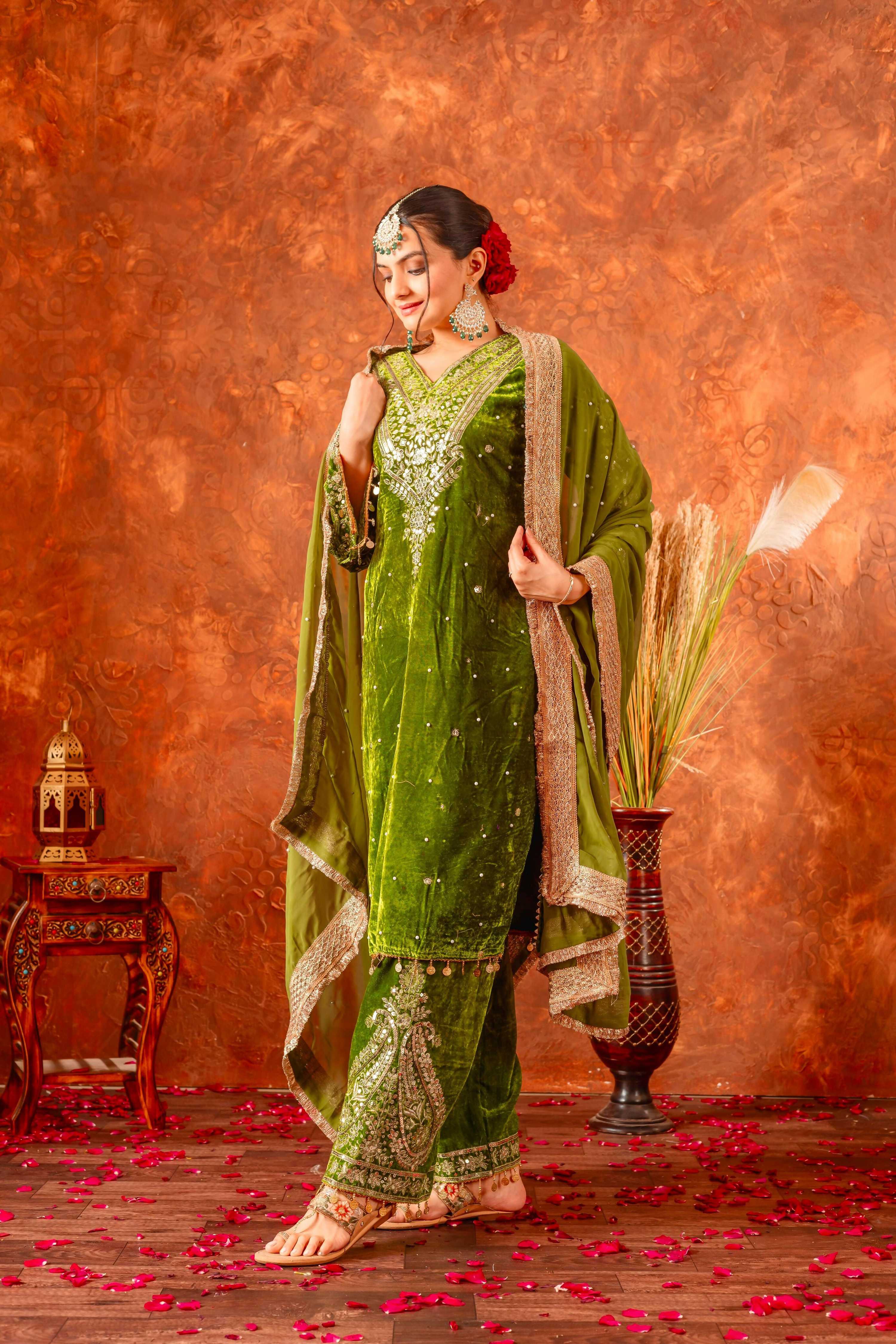 Joban Fashion Olive Green Velvet Embroidery Kurta Set
