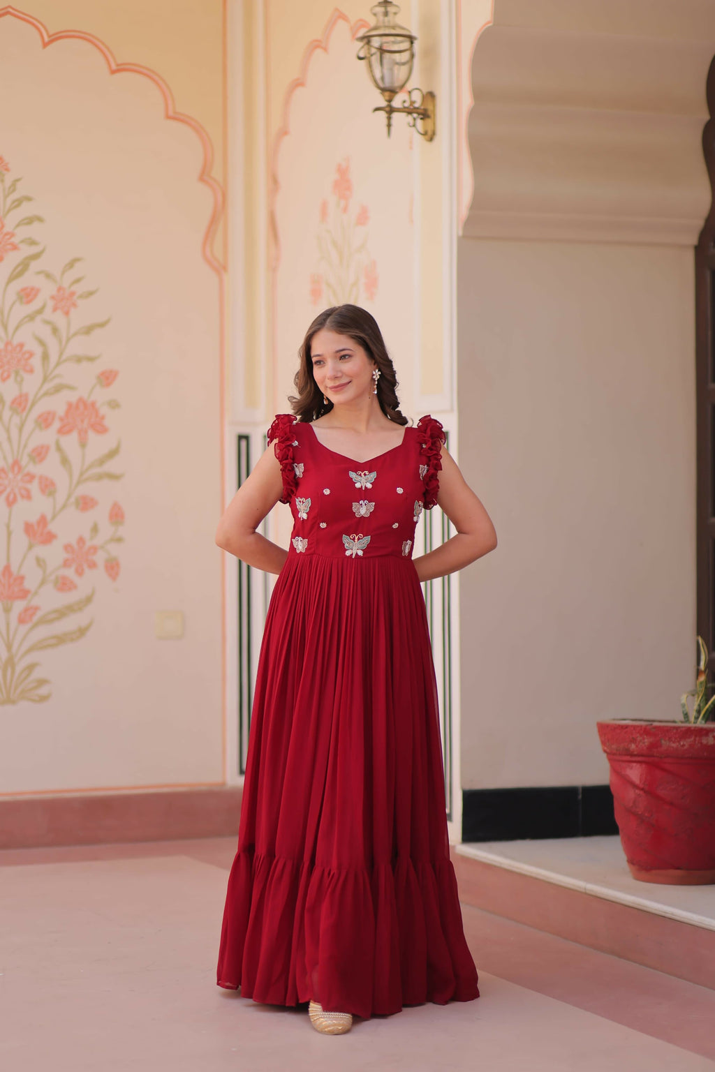 Vastranavya Maroon Faux Blooming With Sequins Multithreaded Beads Embroidered work Gown