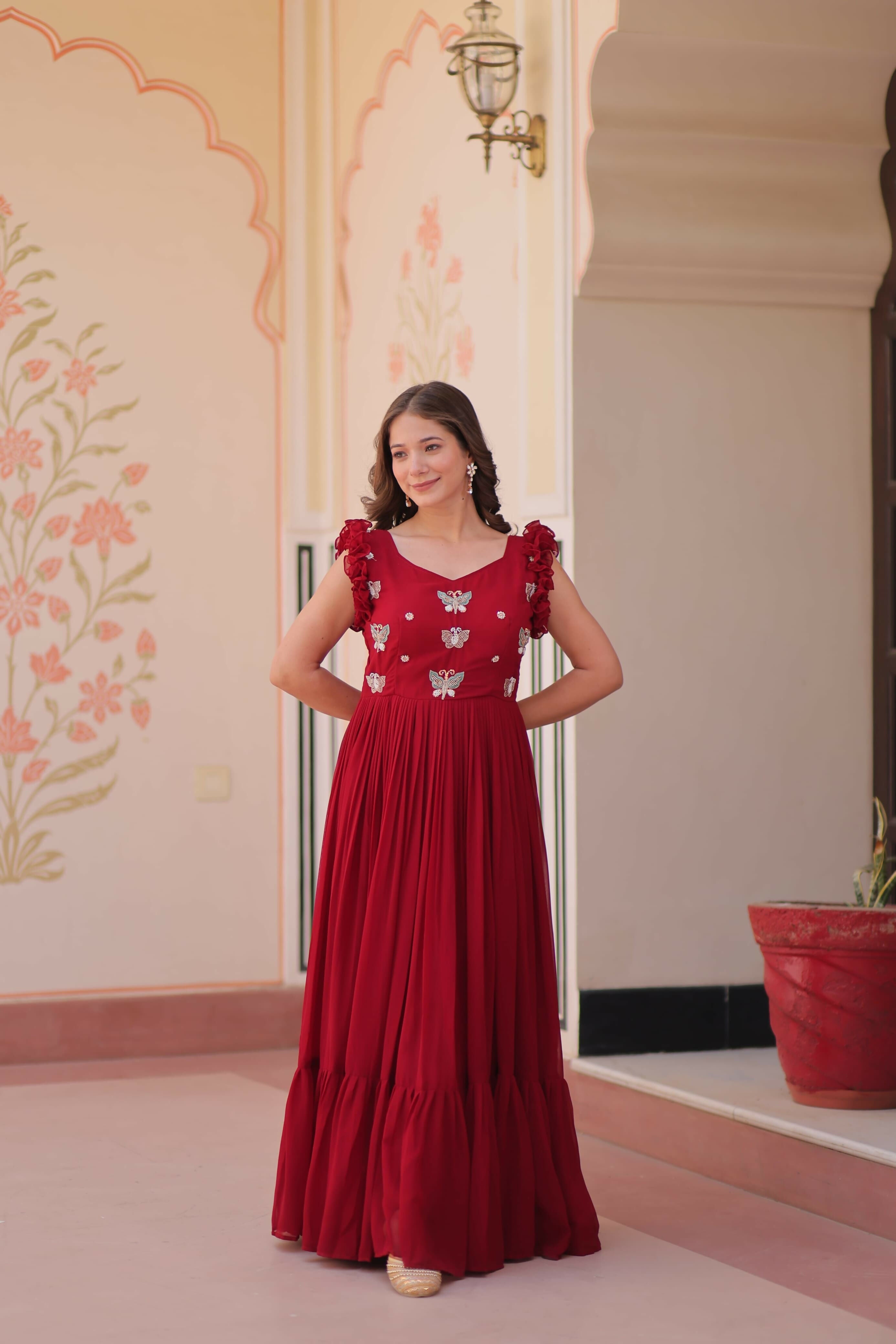Vastranavya Maroon Faux Blooming With Sequins Multithreaded Beads Embroidered work Gown