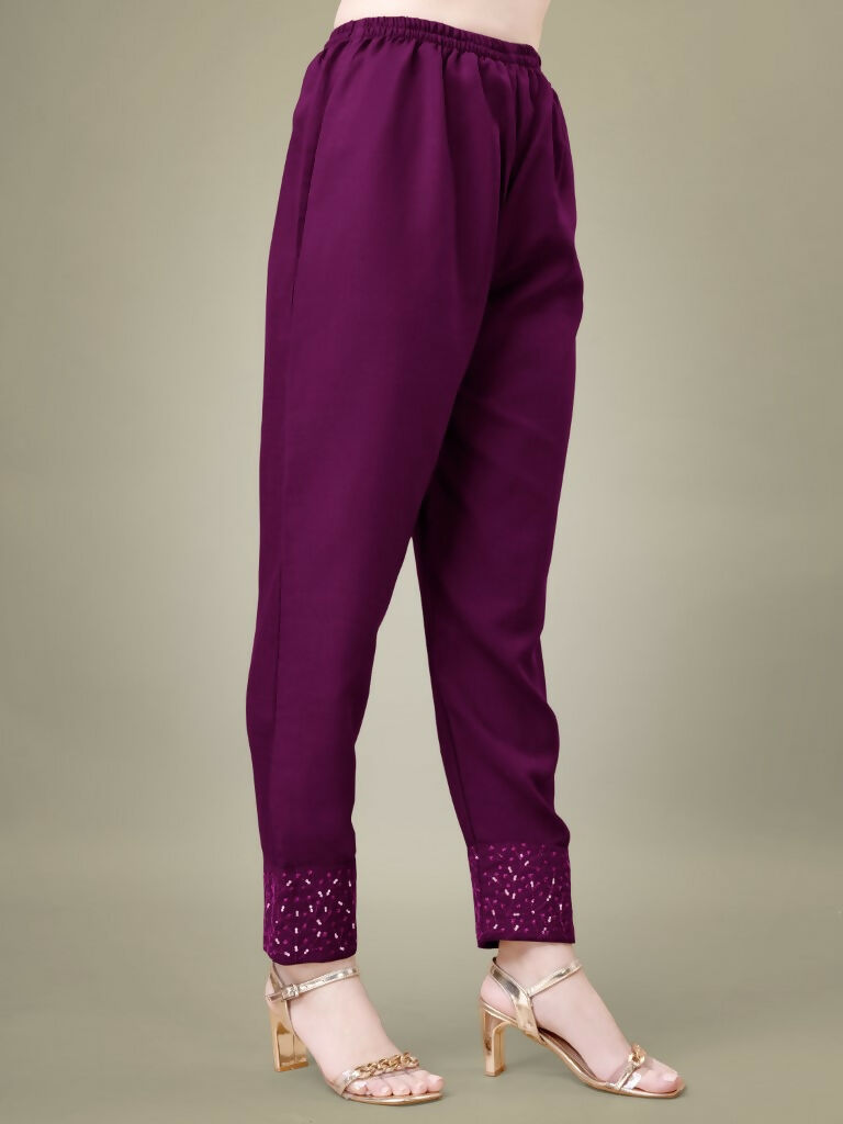 Jyoti Fashion Women's Purple Cotton Blend Embroidery & Sequence work Kurta with Trouser & Dupatta