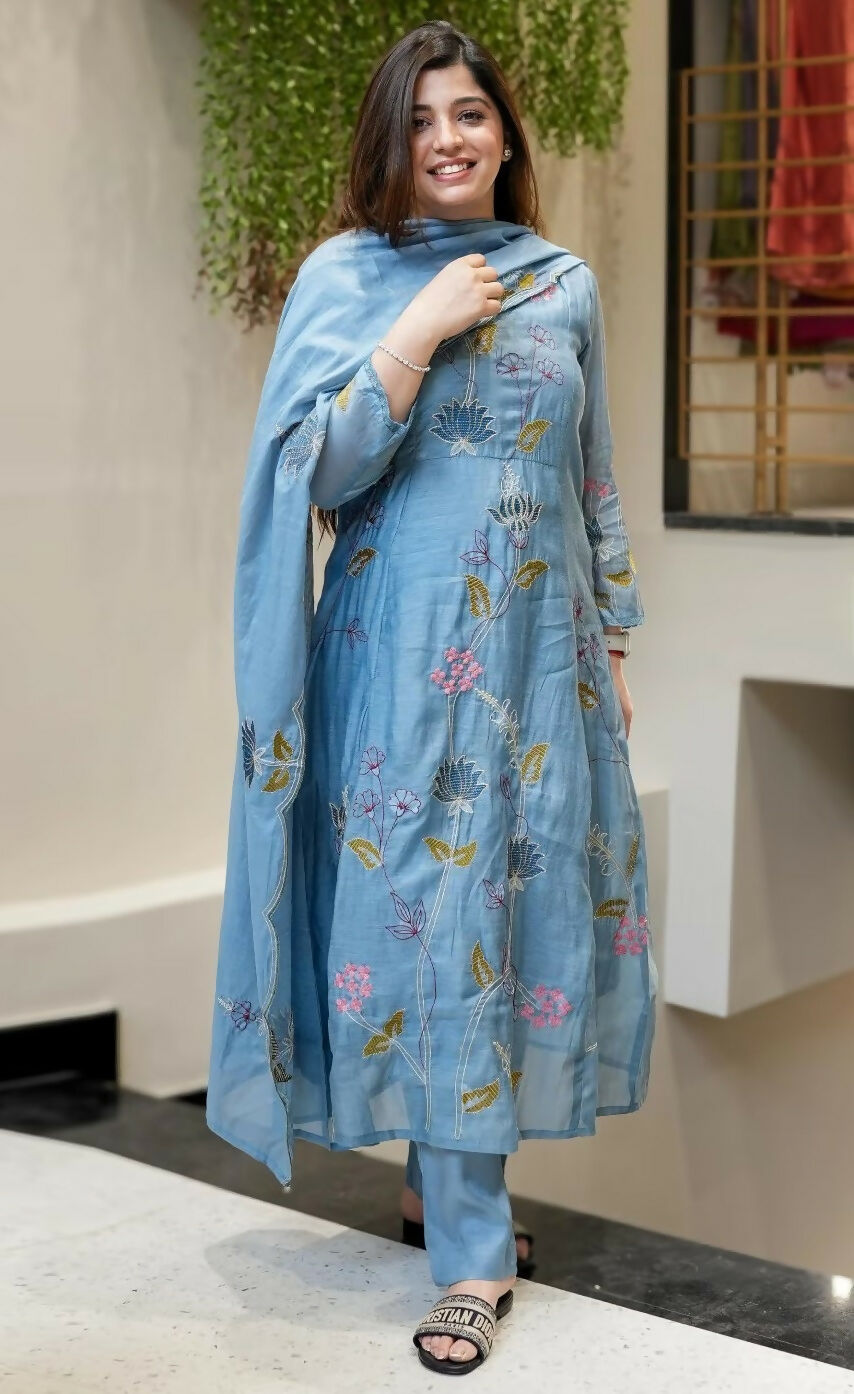 The52 Blue Women's Beautiful Cotton Fabric Thread Work Straight Kurta, Pant and Dupatta Set