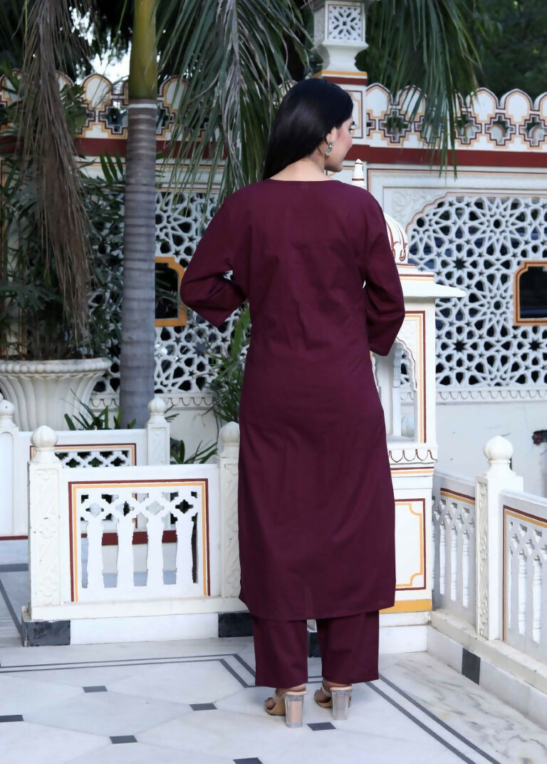Miravan Women's Wine Pintucks Cotton Floral Elegant Straight Kurta and Palazzo with Dupatta Set