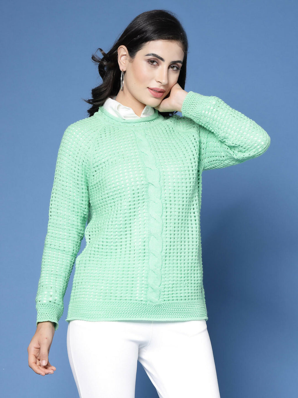 Women Green Acrylic Pointele Sweater - Wool Trees