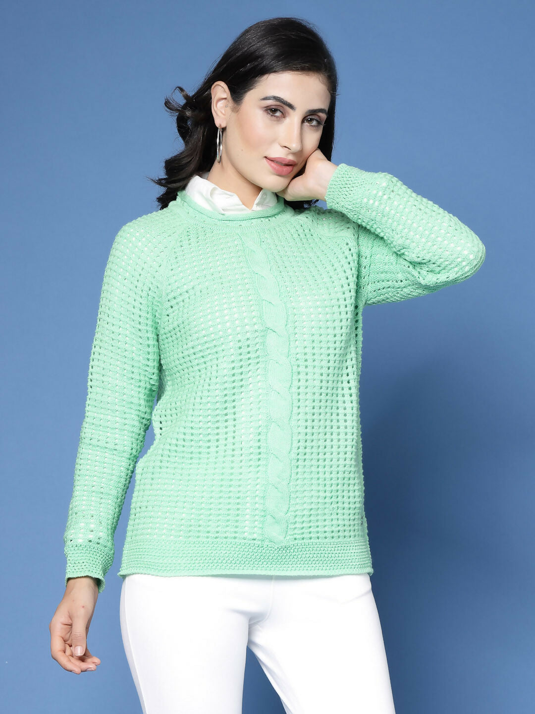 Women Green Acrylic Pointele Sweater - Wool Trees